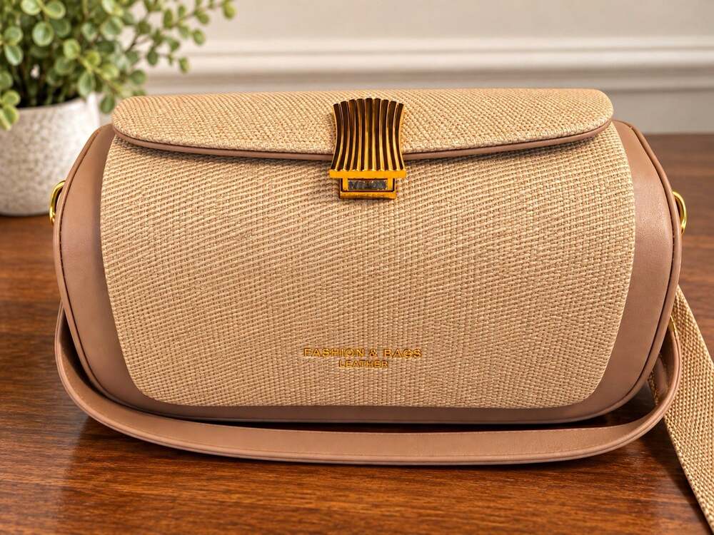 Women’s Beige Woven Textured Leather Crossbody Handbag Gold Clasp, 8x6x4"